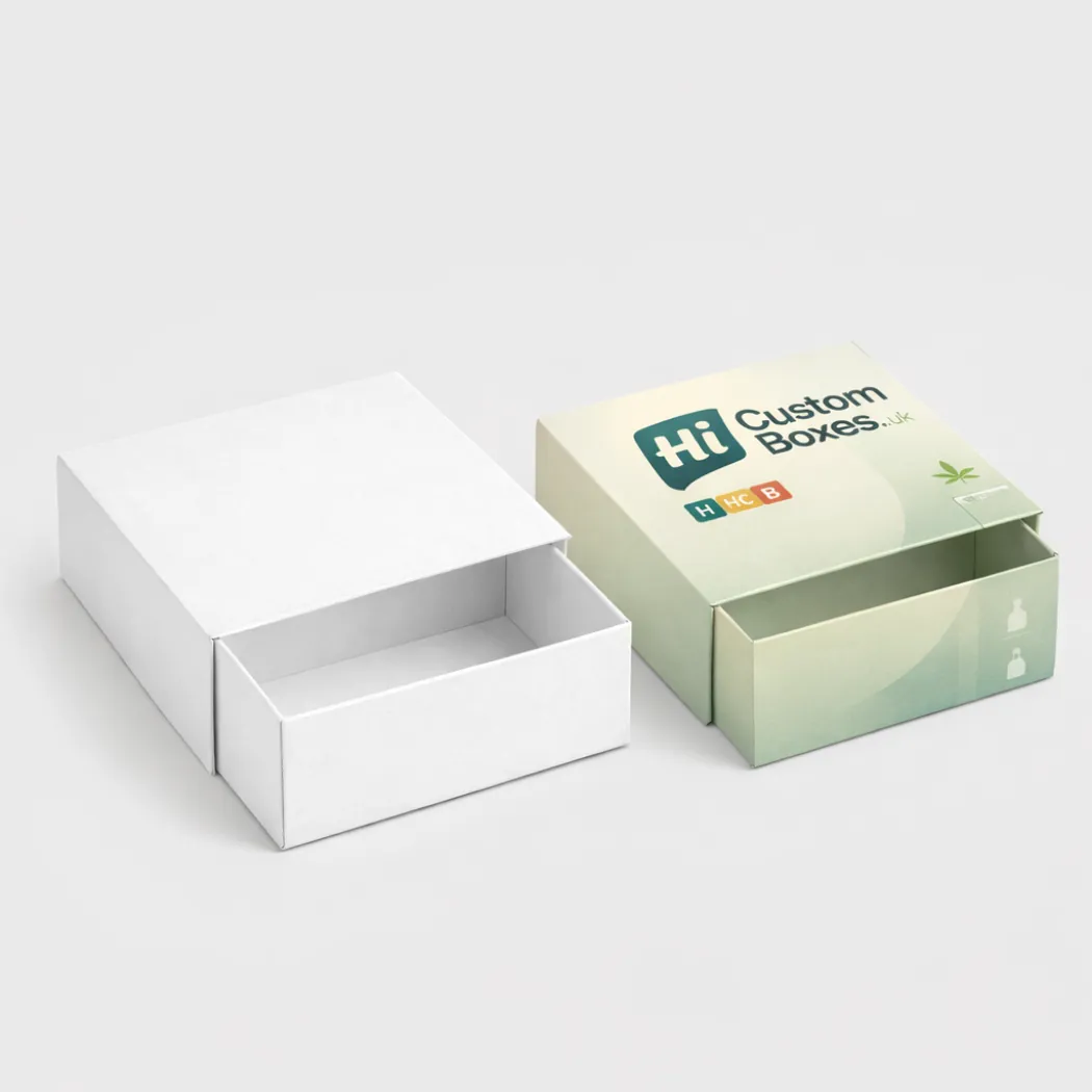 Sleeve and tray drawer boxes displayed in plain white and branded soft green designs- class=
